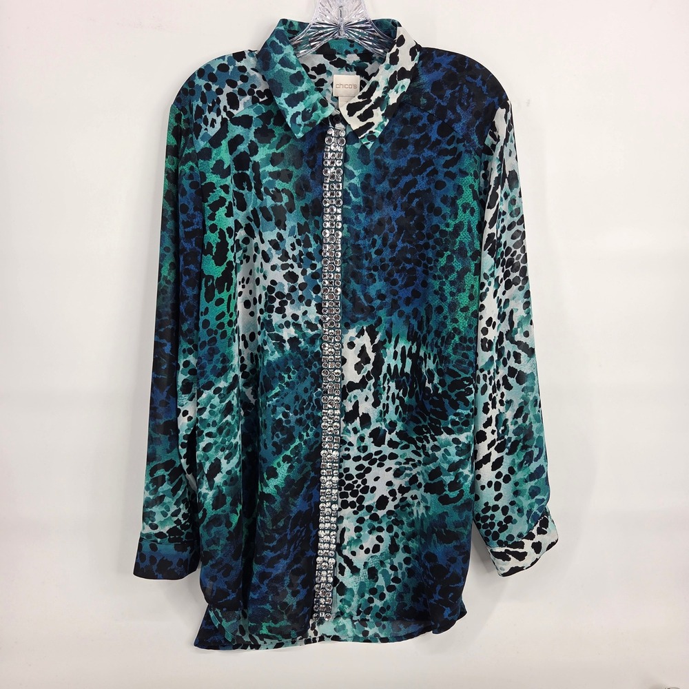 Chico's Button Down Blouse Size 3 Blue Green Animal Print Rhinestone Embellished
